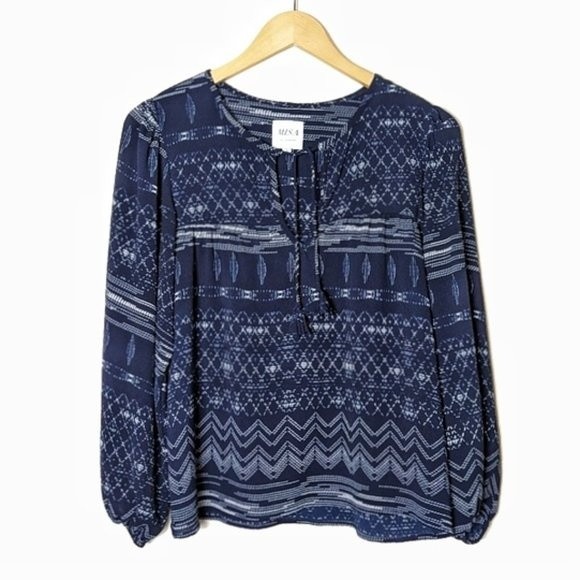 MISA Los Angeles Blue White Print Popover Blouse S - Picture 1 of 13